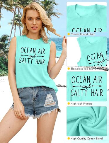 Beach Tanks for Women Ocean Air and Salty Hair Tank Top Funny Cruise Summer Sleeveless Family Vacation Vest Shirts in Saudi Arabia