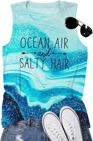 Beach Tanks for Women Ocean Air and Salty Hair Tank Top Funny Cruise Summer Sleeveless Family Vacation Vest Shirts in Saudi Arabia