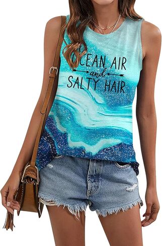 Beach Tanks for Women Ocean Air and Salty Hair Tank Top Funny Cruise Summer Sleeveless Family Vacation Vest Shirts in Saudi Arabia