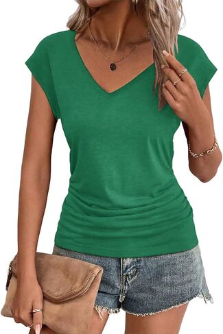 Zeagoo Womens Tank Tops Cute Summer Tops V Neck Cap Sleeeve Tshirts Loose Fit Casual Basic Shirts Ruched Top Tees in Saudi Arabia
