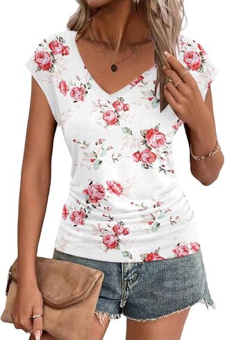 Zeagoo Womens Tank Tops Cute Summer Tops V Neck Cap Sleeeve Tshirts Loose Fit Casual Basic Shirts Ruched Top Tees in Saudi Arabia