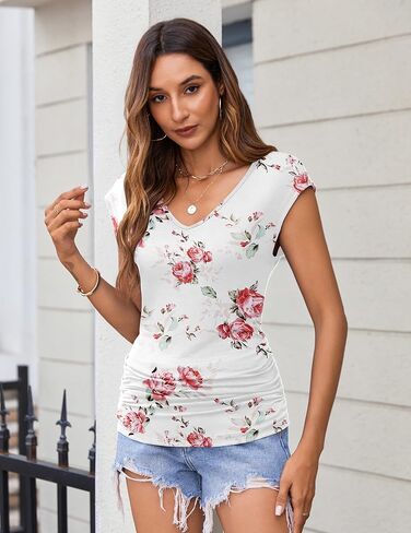 Zeagoo Womens Tank Tops Cute Summer Tops V Neck Cap Sleeeve Tshirts Loose Fit Casual Basic Shirts Ruched Top Tees in Saudi Arabia