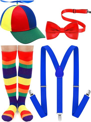 Jiuguva 4 Pcs Propeller Hat Rainbow Clown Hat Y Back Style Suspenders Bow Tie Striped Socks Set for Adult in Kuwait