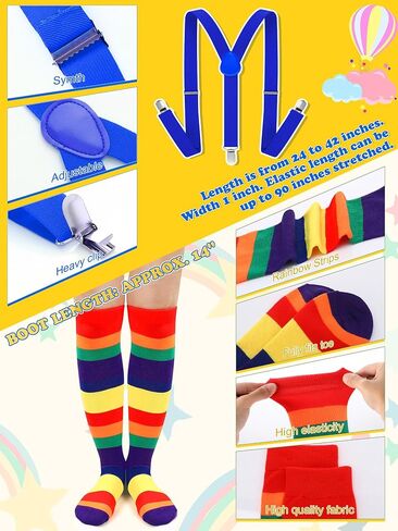 Jiuguva 4 Pcs Propeller Hat Rainbow Clown Hat Y Back Style Suspenders Bow Tie Striped Socks Set for Adult in Kuwait