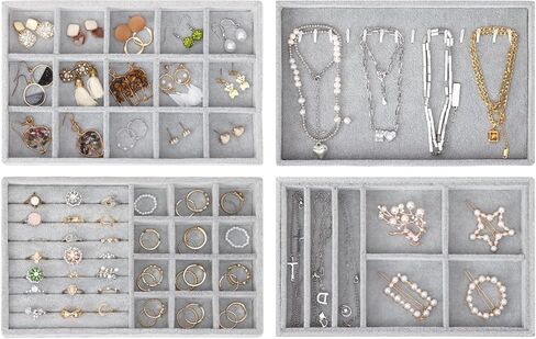 Fixwal Set of 4 Jewelry Tray, 9in Stackable Jewelry Organizer Drawer, Jewelry Storage for Earring, Necklace, Bracelet, Rings with Removable Divider, Grey in Saudi Arabia