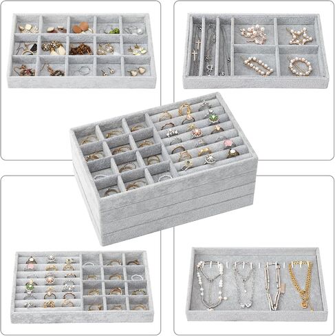 Fixwal Set of 4 Jewelry Tray, 9in Stackable Jewelry Organizer Drawer, Jewelry Storage for Earring, Necklace, Bracelet, Rings with Removable Divider, Grey in Saudi Arabia