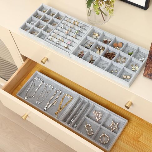 Fixwal Set of 4 Jewelry Tray, 9in Stackable Jewelry Organizer Drawer, Jewelry Storage for Earring, Necklace, Bracelet, Rings with Removable Divider, Grey in Saudi Arabia