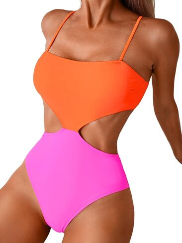 Color Block Swimsuit,Cut Out Sexy Monokini Women,Cheeky One Piece Swimsuits Beach Cruise Pool Party in Kuwait