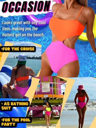 Color Block Swimsuit,Cut Out Sexy Monokini Women,Cheeky One Piece Swimsuits Beach Cruise Pool Party in Kuwait