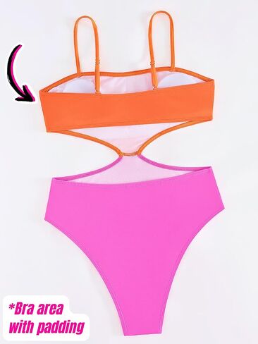 Color Block Swimsuit,Cut Out Sexy Monokini Women,Cheeky One Piece Swimsuits Beach Cruise Pool Party in Kuwait