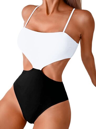 Color Block Swimsuit,Cut Out Sexy Monokini Women,Cheeky One Piece Swimsuits Beach Cruise Pool Party in Kuwait