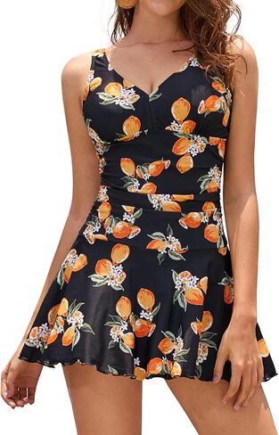 SHEKINI Women's V Neck One Piece Skirt Swimsuit Ruched Retro Swimdress Bathing Suit in Kuwait