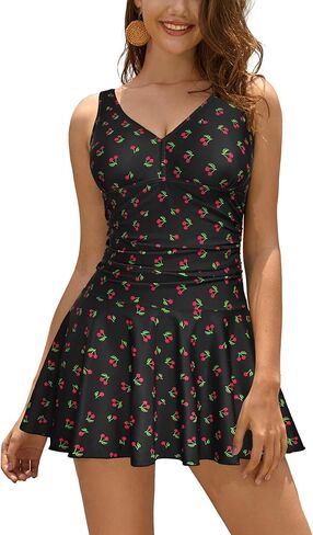 SHEKINI Women's V Neck One Piece Skirt Swimsuit Ruched Retro Swimdress Bathing Suit in Kuwait
