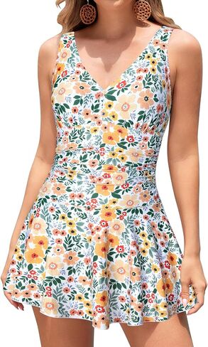 SHEKINI Women's V Neck One Piece Skirt Swimsuit Ruched Retro Swimdress Bathing Suit in Kuwait