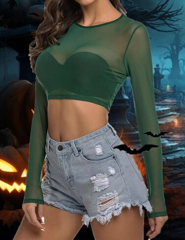 ADOME Mesh Crop Top Sheer Tops for Women See Through Shirt Long Sleeve Basic Crop Top S-4XL in Kuwait