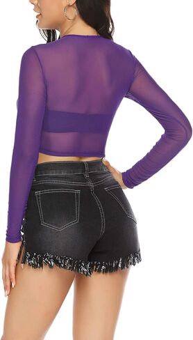 ADOME Mesh Crop Top Sheer Tops for Women See Through Shirt Long Sleeve Basic Crop Top S-4XL in Kuwait