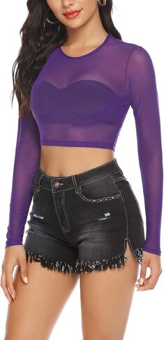 ADOME Mesh Crop Top Sheer Tops for Women See Through Shirt Long Sleeve Basic Crop Top S-4XL in Kuwait