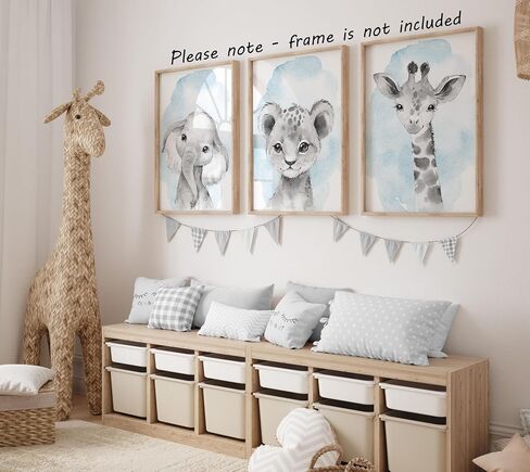 مجموعة حضانة Safari Animals Baby Girl أو Boy مكونة من 3 مطبوعات فنية جدارية غير مؤطرة، حيوانات أطفال كاملة الجسم بالألوان، ملصقات ديكور لغرف نوم الأطفال، زرافة أسد الفيل (11x14) in Kuwait