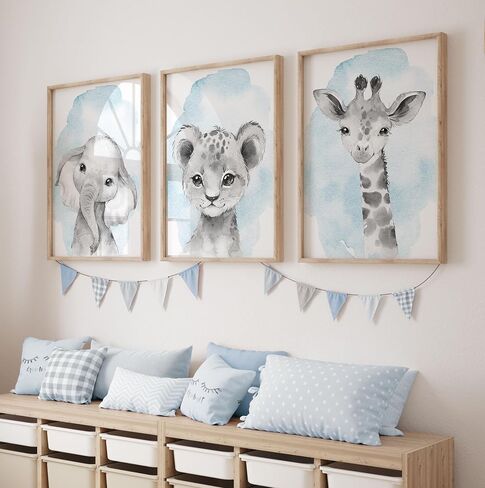 مجموعة حضانة Safari Animals Baby Girl أو Boy مكونة من 3 مطبوعات فنية جدارية غير مؤطرة، حيوانات أطفال كاملة الجسم بالألوان، ملصقات ديكور لغرف نوم الأطفال، زرافة أسد الفيل (11x14) in Kuwait