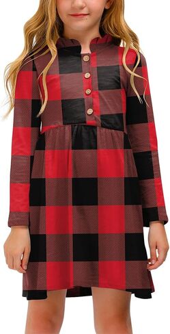 فستان عيد الميلاد للفتيات منقوش بأكمام طويلة وأزرار سفلية متوسط ​​الطول لعيد الميلاد مكشكش بخصر مرن مناسب لعمر 4-12 سنة in Kuwait