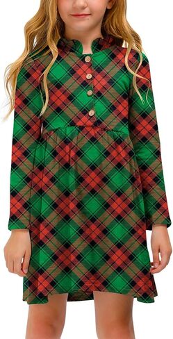 Christmas Girls Plaid Long Sleeve Button Down Midi Dress Xmas Ruffle Elastic Waist Outfit 4-12 Years in Kuwait