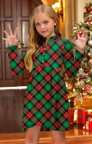 Christmas Girls Plaid Long Sleeve Button Down Midi Dress Xmas Ruffle Elastic Waist Outfit 4-12 Years in Kuwait