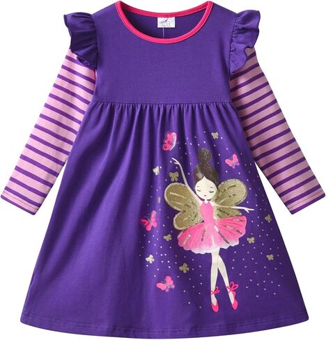 DXTON Toddler Girls Long Sleeve Dress Stripe Rainbow Ruffle Cotton Casual Tunic Shirt Fall Winter School Dress in Kuwait