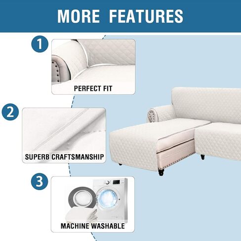 TOPCHANCES Sofa Slipcover L Shape 3pcs Reversible Sofa Cover Sectional Couch Cover 3 Seater Chaise Slip Cover with Elastic Straps for Kids Dogs Cats Pet Furniture Protector Cover (Off-White, Medium) in Kuwait
