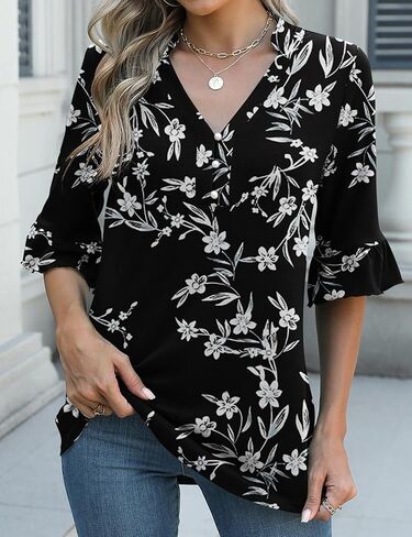 Rapbin Womens 3/4 Length Sleeve Blouses Ruffle Cuffs V Neck Button Down Shirts Dressy Flowy Tunic Tops in Kuwait