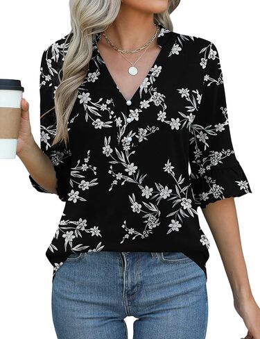 Rapbin Womens 3/4 Length Sleeve Blouses Ruffle Cuffs V Neck Button Down Shirts Dressy Flowy Tunic Tops in Kuwait