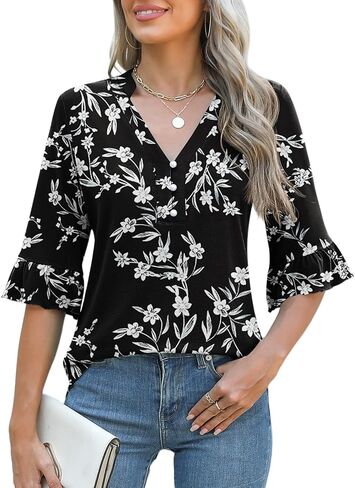 Rapbin Womens 3/4 Length Sleeve Blouses Ruffle Cuffs V Neck Button Down Shirts Dressy Flowy Tunic Tops in Kuwait