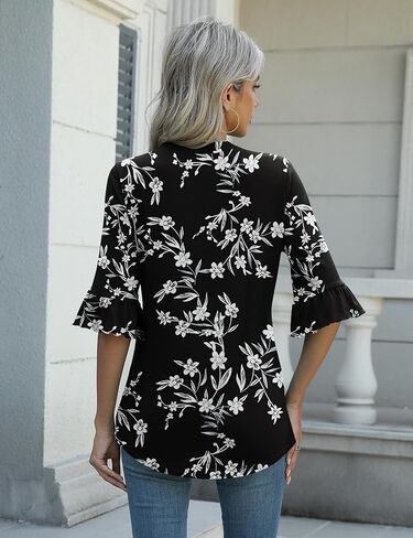 Rapbin Womens 3/4 Length Sleeve Blouses Ruffle Cuffs V Neck Button Down Shirts Dressy Flowy Tunic Tops in Kuwait