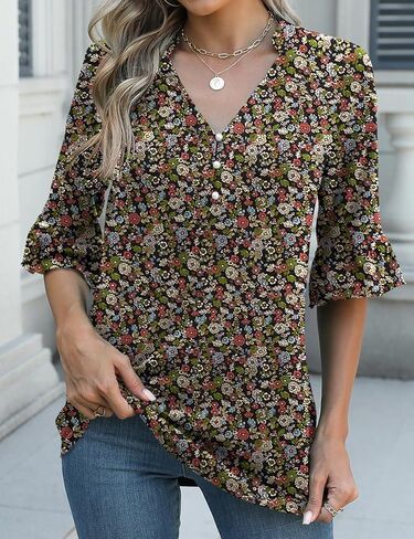 بلوزات Rapbin النسائية بطول 3/4 كم وأساور مكشكشة ورقبة على شكل حرف V وأزرار سفلية، قمصان تونيك أنيقة متدفقة in Kuwait
