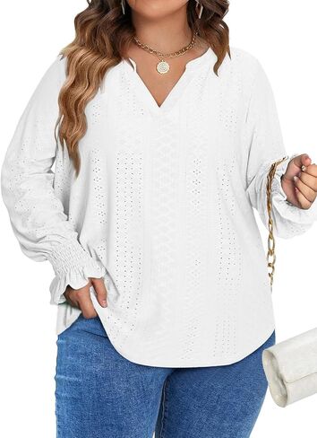 Eytino Women's Plus Size Tops Puff Long Sleeve Split V Neck Loose Casual Dressy Blouse Shirts(1X-5X) in Saudi Arabia