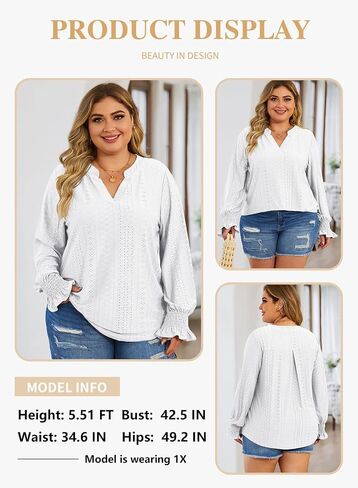 Eytino Women's Plus Size Tops Puff Long Sleeve Split V Neck Loose Casual Dressy Blouse Shirts(1X-5X) in Saudi Arabia