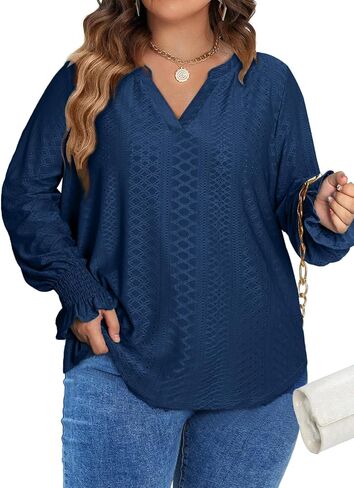 Eytino Women's Plus Size Tops Puff Long Sleeve Split V Neck Loose Casual Dressy Blouse Shirts(1X-5X) in Saudi Arabia
