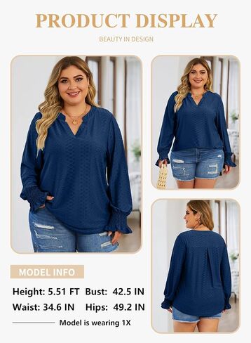 Eytino Women's Plus Size Tops Puff Long Sleeve Split V Neck Loose Casual Dressy Blouse Shirts(1X-5X) in Saudi Arabia