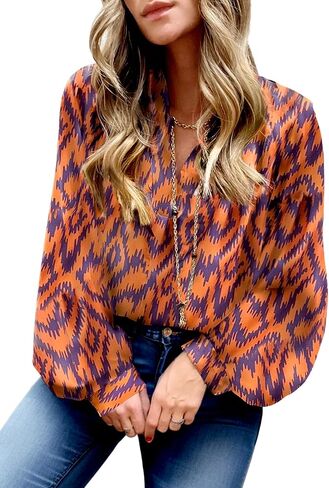 Dokotoo Womens Casual V Neck Boho Abstract Print Lantern Long Sleeve Tops Chiffon Blouses Bohemian Shirts in Saudi Arabia