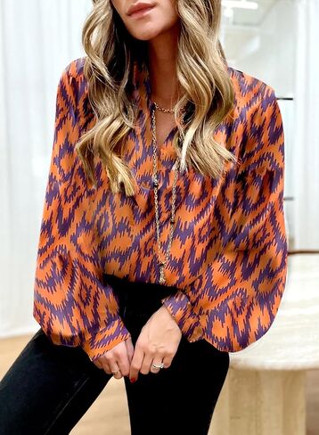 Dokotoo Womens Casual V Neck Boho Abstract Print Lantern Long Sleeve Tops Chiffon Blouses Bohemian Shirts in Saudi Arabia