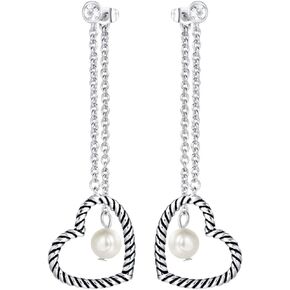 UNY Drop Dangle Earrings Designer Brand Inspired Jewelry Heart Pearl Twisted Cable Wire Christmas Gift (Silver Tone)