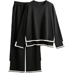 Womens Sweater Set Long Sleeve Knit Pullover Tops Wide Leg Pants 2 Piece Outfits Lounge Sets