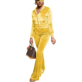 Women Velour Sweat Suits 2 Piece Outfits Tracksuits Long Sleeve Zip Up Jacket Flare Pants Cute Casual Matching Suit