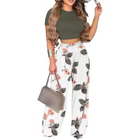 2 Piece Outfits for Women Short Sleeve Crop Top High Waist Wide Leg Long Pant Sets Tracksuit Sport Set