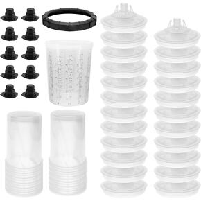 27 Ounce/800 ml Disposable Paint Sprayer Mixing Cup for Automotive Paint Gun, 25 HVLP Paint Spray Paint Gun Cup Liners with Lid, 10 Sealing Plugs, 1 Hard Cup, Retainer Ring(125 Mic)