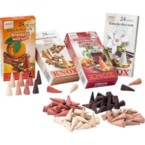 German Incense Cones Bundle Christmas Markets- 4 mostloved Smells from Knox Räucherkerzen/Apotheker Hermann Zwetz. MaMeMi Gift-Set with DIY Mini Nativity Scene