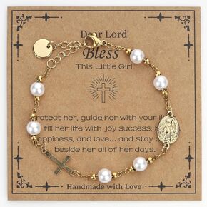 Catholic Cross Bracelet for Girls Charm Bracelet Jewelry Gift for Women First Communion Baptism Confirmation Gifts for Girls Stainless Steel Imitation Pearl Rosary Bracelet