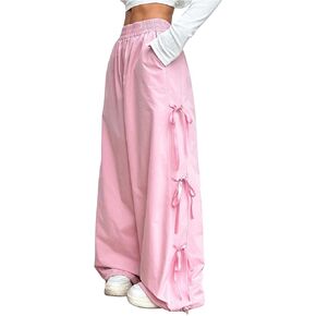 GORGLITTER Women's Y2K Bow Side Elastic Waist Wide Leg Parachute Pants Side Slit Loose Trousers