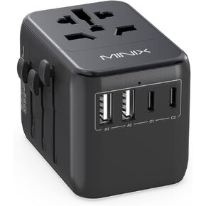 MINIX TP140 Universal Travel Adapter with 140W PD Ports GaN Technology International AC Socket with 1 USB-A and 3 USB-C Port,worldwild Adapter with Fast Charger PD3.1, QC4+