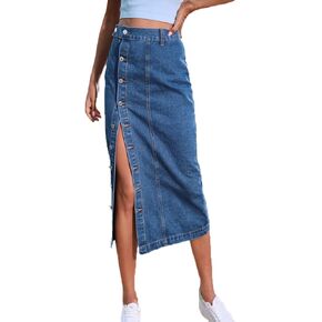 Womens Casual Slit Denim Midi Jean Skirt Stretch High Waist Frayed Blue Jean Skirt with Pockets