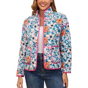 Womens Quilted Lightweight Jackets Floral Print Cropped Puffer Jacket Open Front Cardigan with Pockets Winter Coats